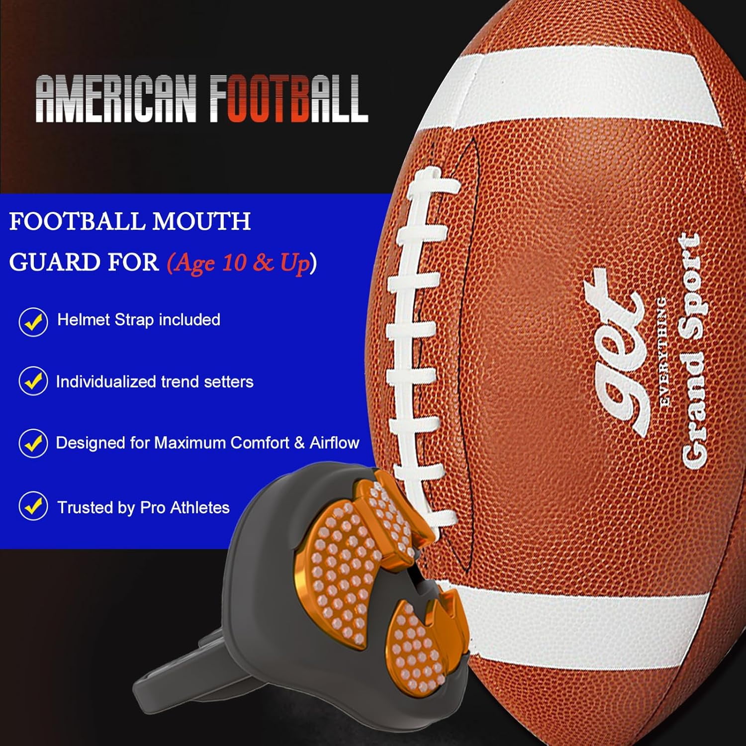 Football Mouth Guard with Connected Strap- 3D Beast Chrome Adult and Youth Mouth Guard-Mouth Piece for Sports for Maximum Air Flow and Teeth Protection