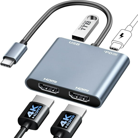 USB C to Dual HDMI Adapter,4K@30Hz Type C to HDTV Splitter for 2 Monitors, USB 3.0 PD 100W, Dual HDMI Extend Display for MacBook Air/Pro, XPS, More Laptops with Thunderbolt 3/4 Ports