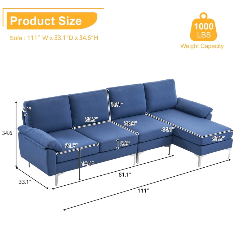 Ktaxon L Shaped Linen Fabric Sectional Sofa Set with Chaise, 4