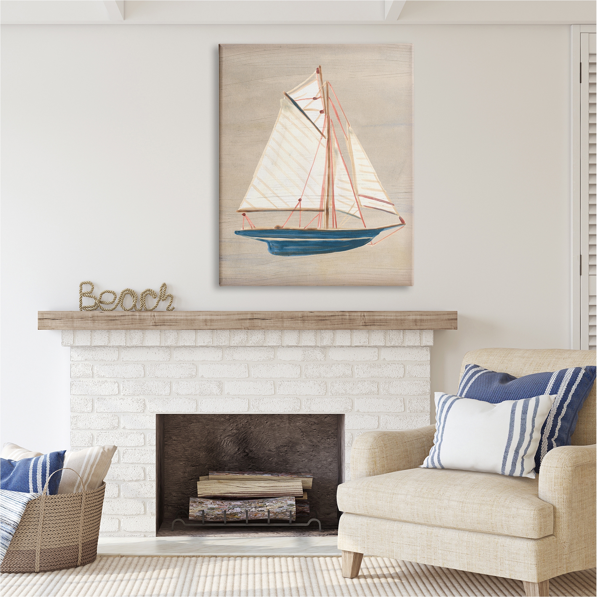 Stupell Industries Rustic Blue Sailboat Transportation Painting Gallery Wrapped Canvas Art Print Wall Art, 36 x 48