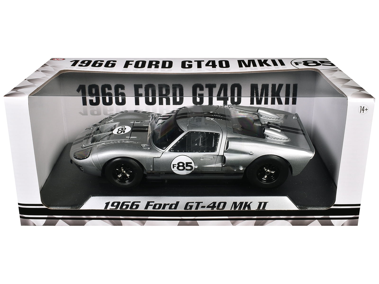 1966 Ford GT-40 MKII #F85 Silver Metallic with Black Stripes 1/18 Diecast Model Car by ACME