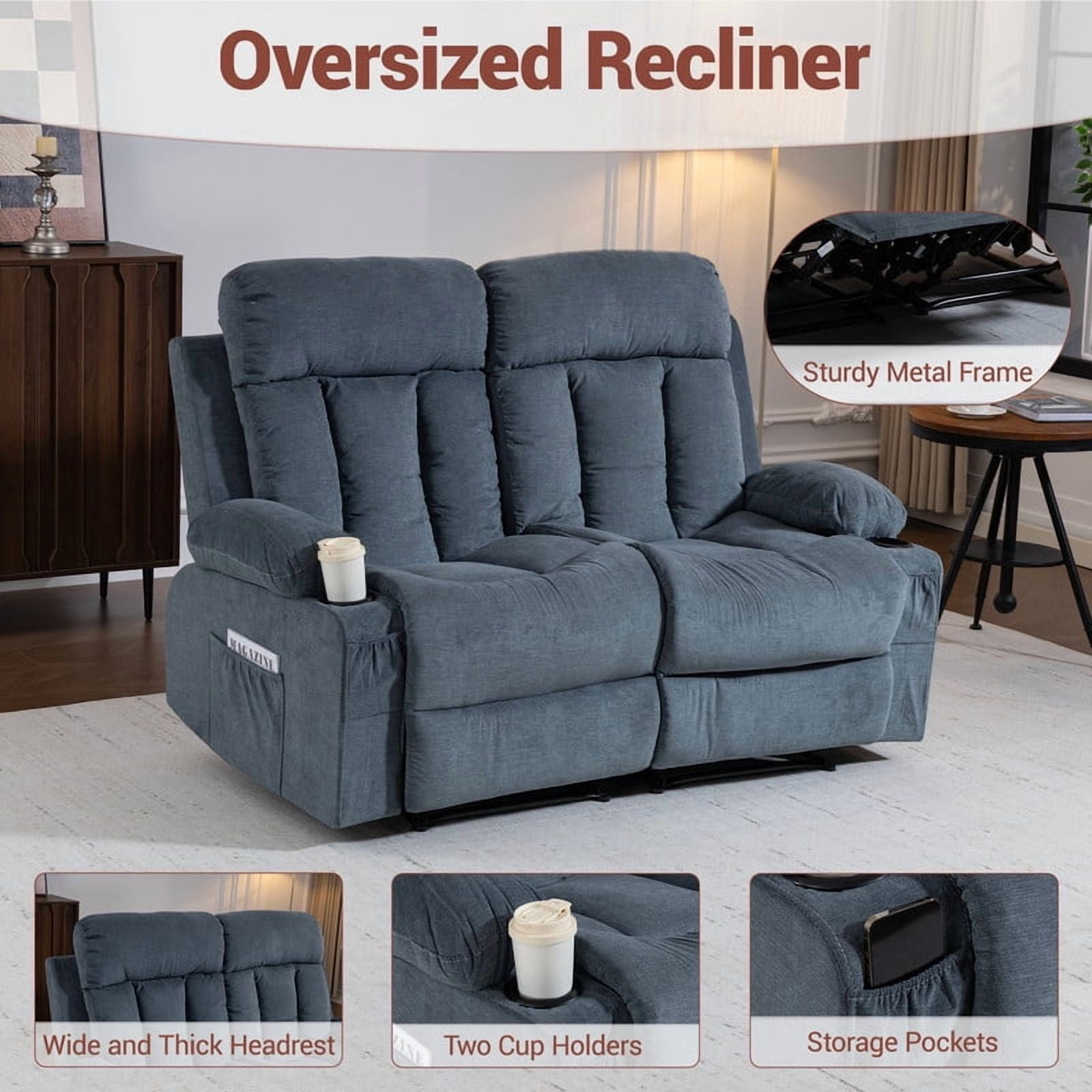 WENTUM Loveseat Recliner Sofa with Cup Holders, 2 Seat Manual Recliner Chair, reclining loveseat couch for Living Room, Home Theater, Small Spaces, Blue