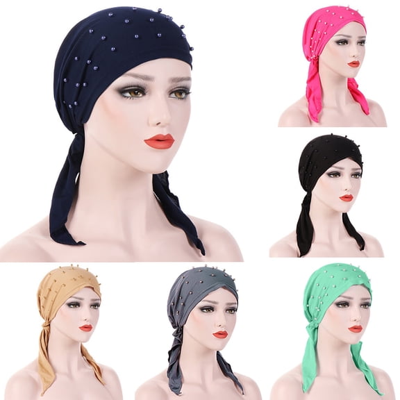 Beaded Stretch Turban Hat for Women - Elegant Indian Style Muslim Hijab Cap with Pearl Embellishments, Soft Breathable Double-Layer Head Wrap, Casual Sport & Religious Headscarf Black