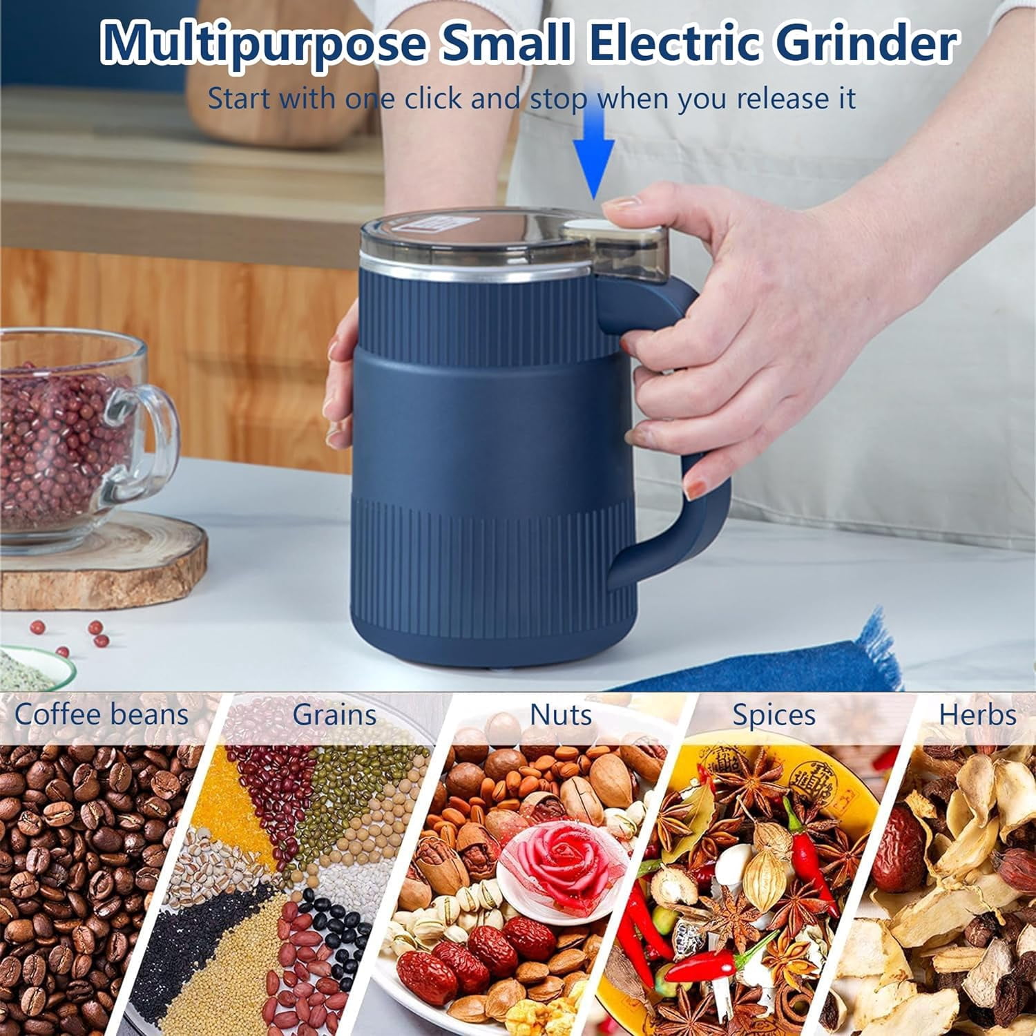 Coffee Grinder Electric for Home Use: Small Spice Grinder Electric Fine Powder,Multifunctional Coffee Bean Grinder Fine Grinding,Pet Food Grinder,110V,500ML/17oz (Blue)