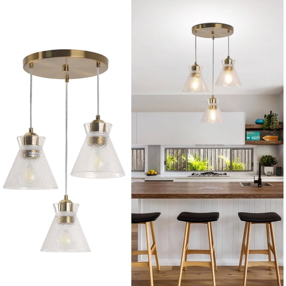 Industrial Farmhouse 3 Pendant Chandelier Light with Handblown Seeded Glass Shade Gold Brushed Hanging Light for Kitchen Island Dining Room Living Room,Foyer,Stairway