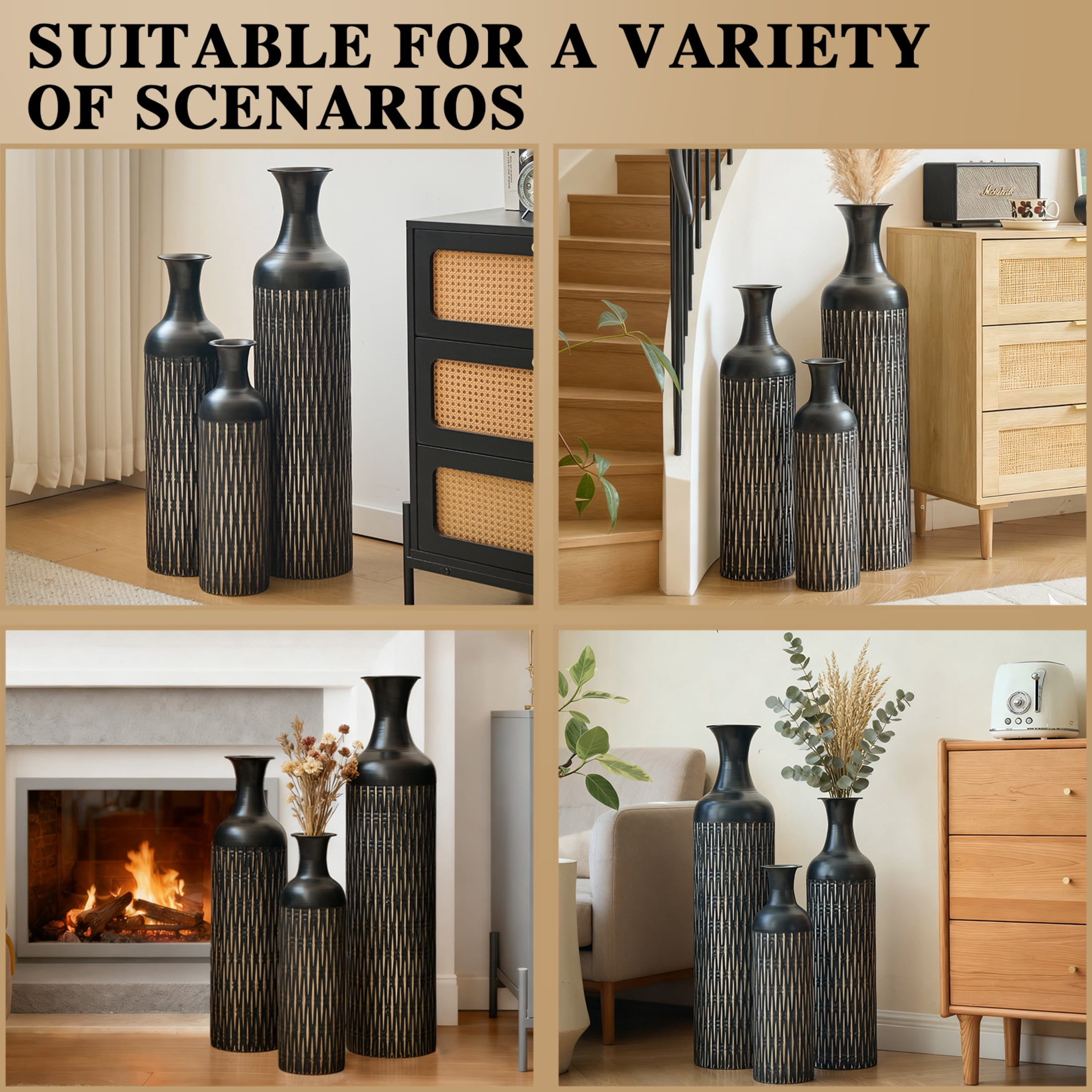 Noble House 3-Piece Metal Floor Vase Set, 32.68", 25.98", 19.69" Textured Decorative Vases, Black