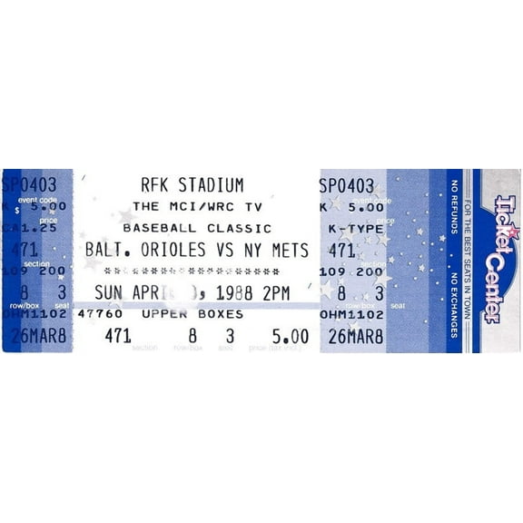 1988 Baltimore Orioles vs. New York Mets Washington DC exhibition baseball game full unused ticket