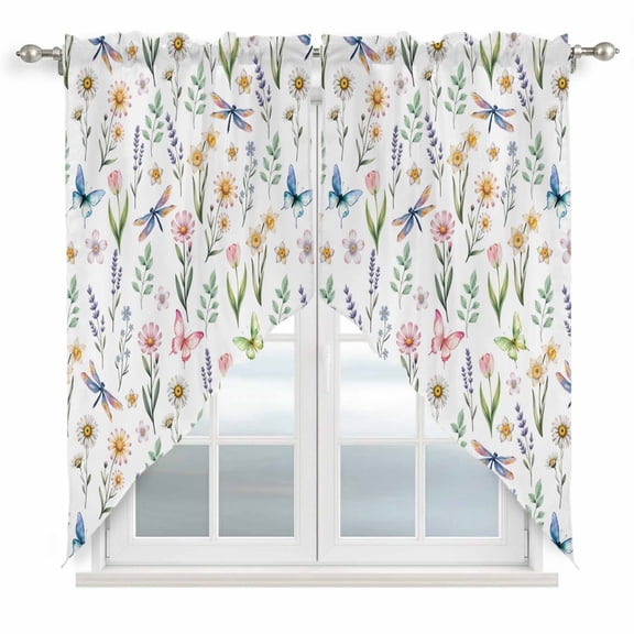 Spring Floral Swag Curtains for Kitchen/Bedroom/Living Room, Elegant Pastoral Flowers Dragonfly Watercolor Scalloped Curtains 63 Inch Long, Window Swag Topper Curtains Valances 2 Panels Set 36"x63"