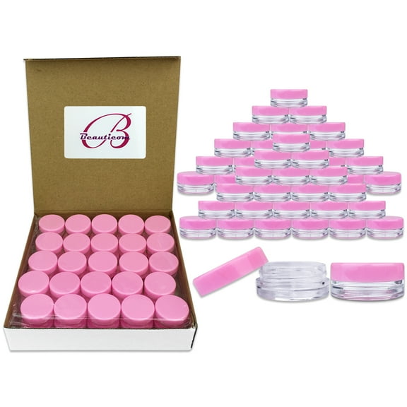 Beauticom 2000 Pieces High Quality 3 Gram 3 ml (0.1 oz) Plastic Round Cosmetic Beauty Makeup Sample Jars (Pink Lid)