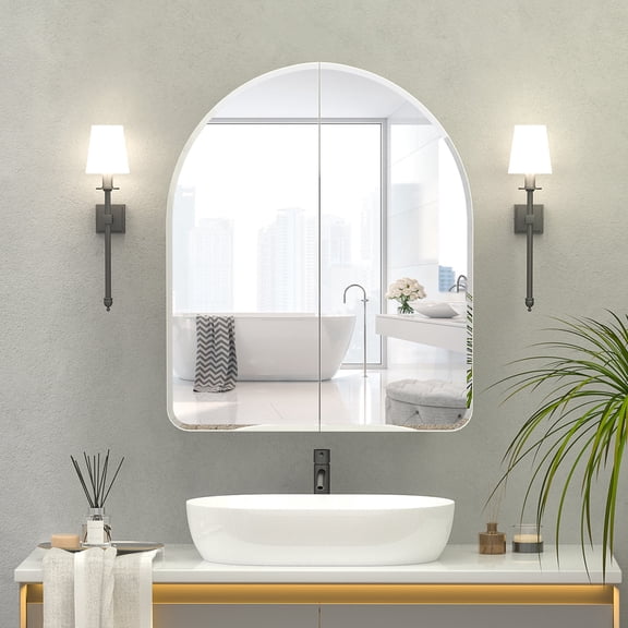 Hironpal Arched Medicine Cabinet with Mirror,24" x 28" Frameless Bathroom Mirror Cabinet with 2 Doors,Wall Mounted,White