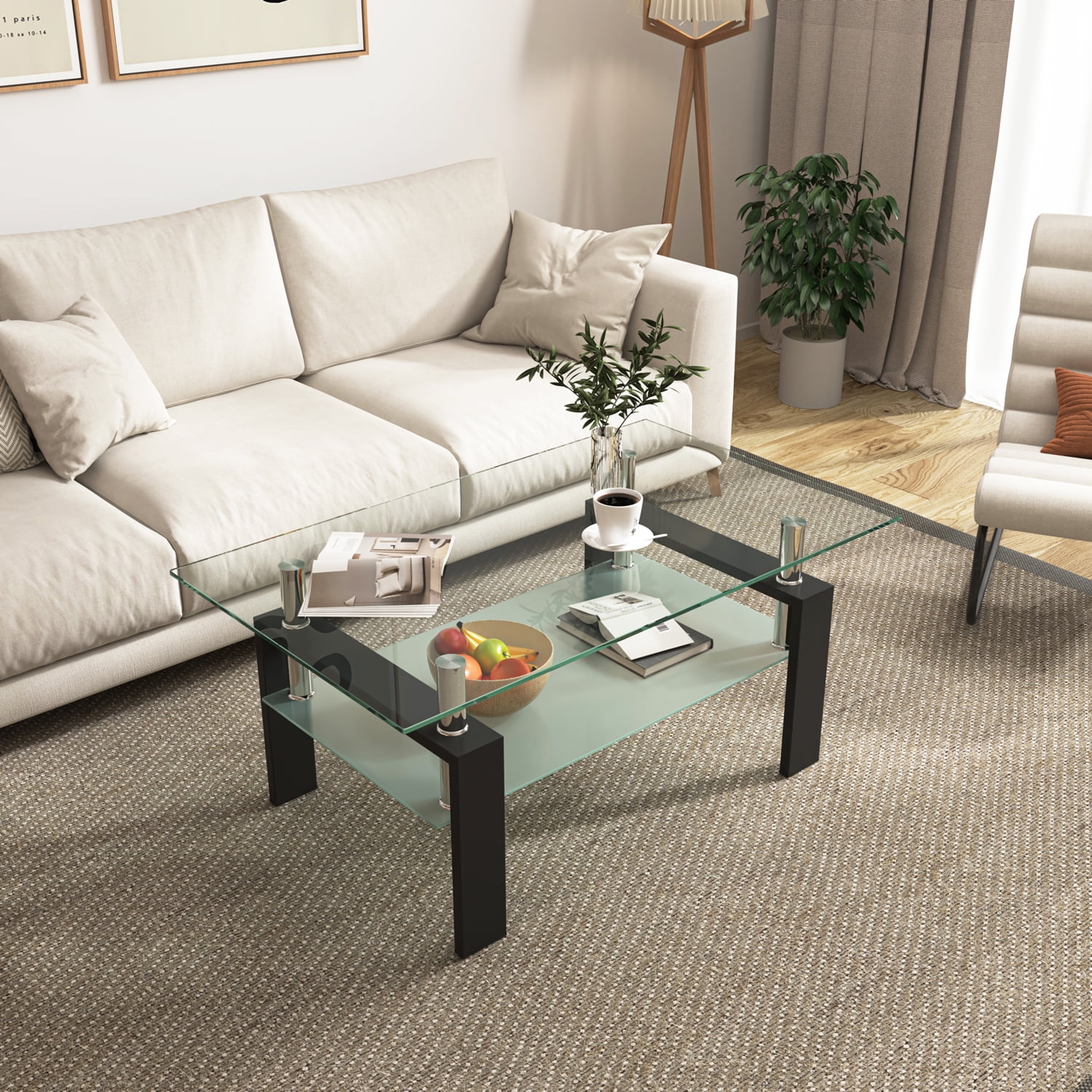 Kadyn Rectangular Glass Coffee Table, Wood Tempered Glass Top Coffee Table Rectangular W/ Shelf Home Furniture, Center Table Sofa Table Home Furniture for Living Room, Black Kadyn Rectangular Glass Coffee Table, Wood Tempered Glass Top Coffee Table Rectangular W/ Shelf Home Furniture, Center Table Sofa Table Home Furniture for Living Room, Black