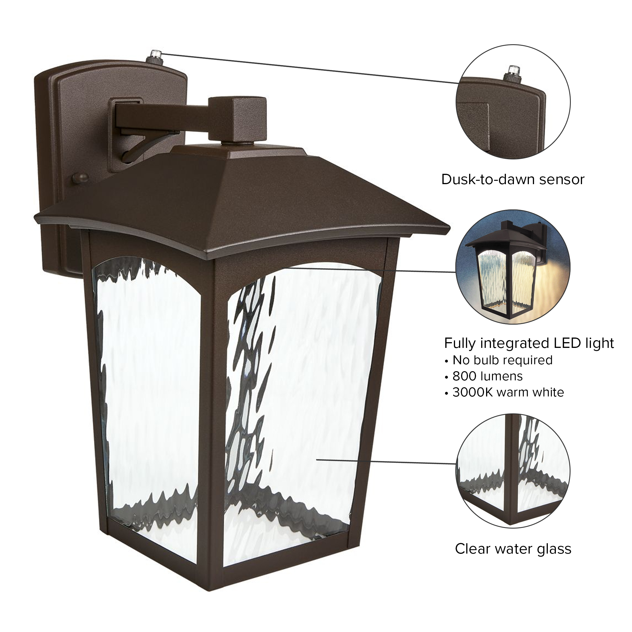 Maxxima LED Porch Lantern - Outdoor Wall Light, Bronze w/Water Glass, Photocell Dusk to Dawn Sensor, 800 Lumens, 3000K Warm White, Ideal Fixture for Backyard Patio and Front Door Lighting