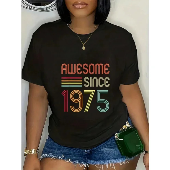 Retro Awesome Since 1975 Women's Graphic T-Shirt Vintage 49th Birthday Gift Idea Short Sleeve Black Tee Classic Fit
