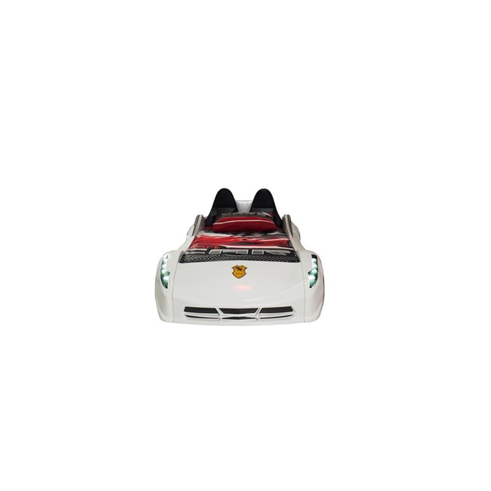 Pemberly Row Modern Wood Twin Race Car Bed with Remote Control in White