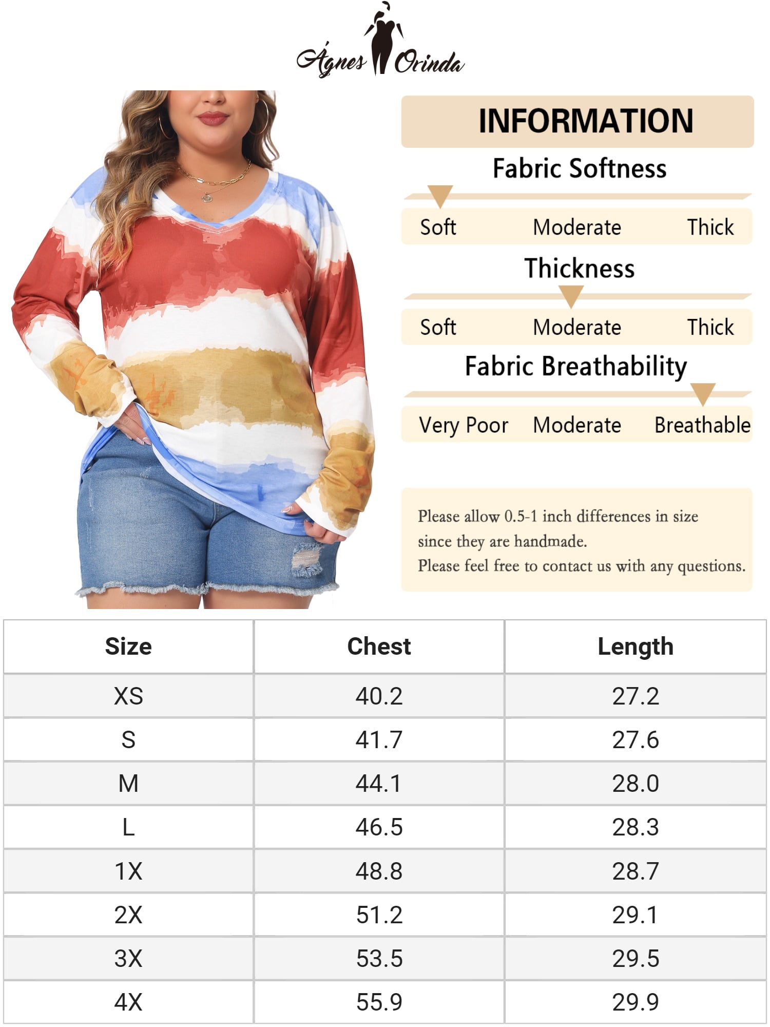 Unique Bargains Women Plus Size Tops Long Sleeve Shirts V Neck Tie Dye Blouses Blue 2X