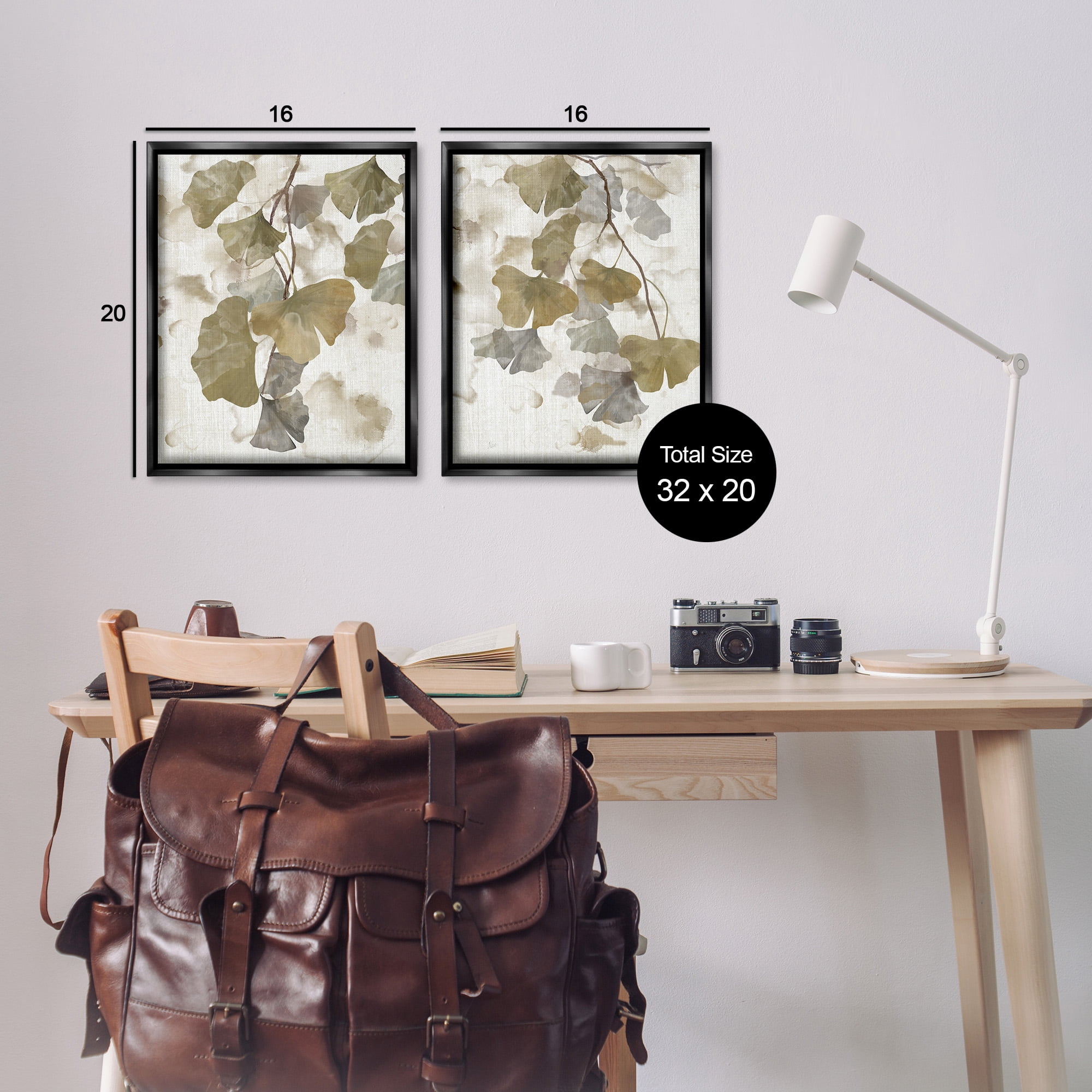 Stupell Industries Rustic Gingko Leaves Botanical & Floral Painting Black Floater Framed Canvas Art Print Wall Art, 17 x 21, Set of 2