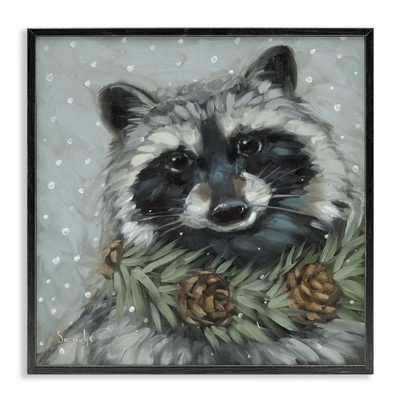Stupell Industries Raccoon with Pinecones Holiday Painting Black Framed Art Prints Wall Art, 12 x 12