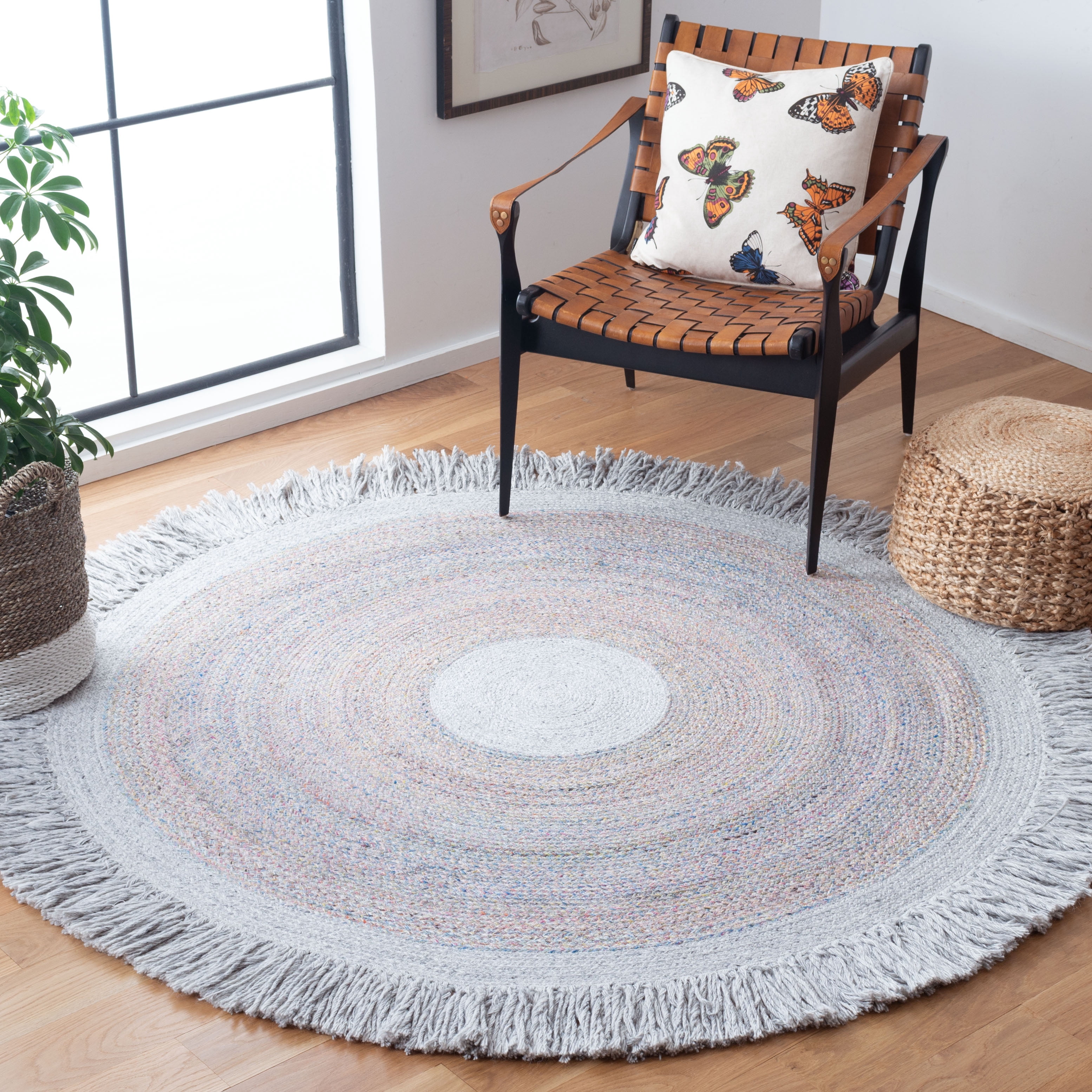 SAFAVIEH Cape Cod Georgene Geometric Polyester Area Rug, Yellow/Pink, 7' x 7' Round