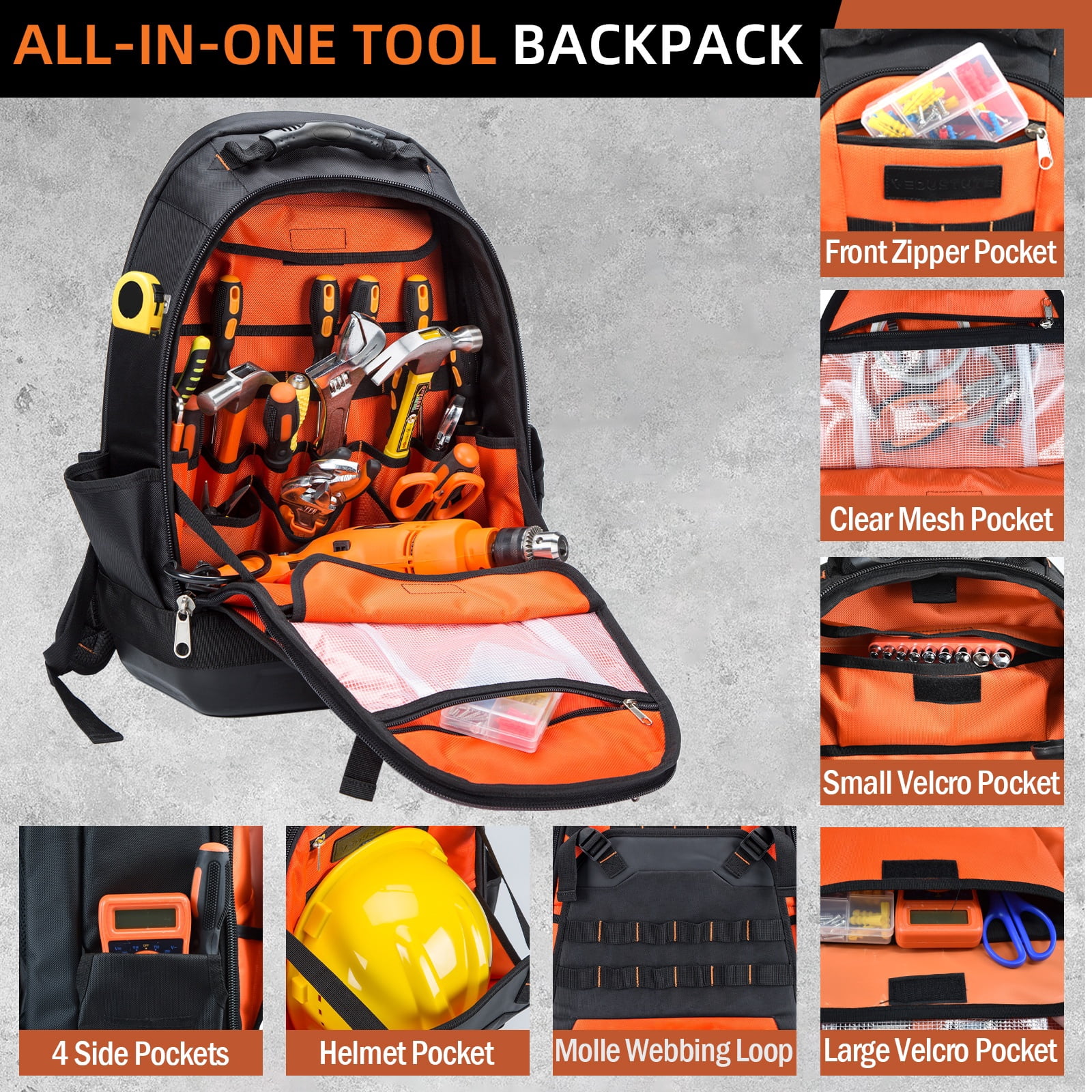 40-Pocket Heavy Duty Tool Backpack, Large Tool Bag for Men Women, HVAC Tool Bag Organizer, Tool Backpack with Laptop Compartment & Molded Base for Electrician Construction