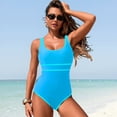 thumbnail image 4 of PEASKJP Womens Swimsuits One Piece Womens One Piece Swimsuit Tummy Control Slimming Bathing Suit High Waisted Ruched Swim Suit Color Block Swimwear,Blue S, 4 of 9