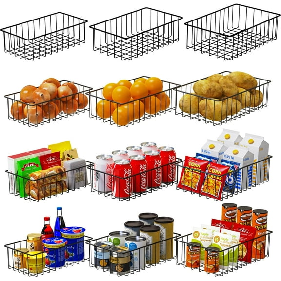 12 Pack (3 Szie) Small Wire Storage Baskets for Organizing,Pantry Organization Bins for Cabinets, Metal Basket for Kitchen, Bathroom Organizer(Black)