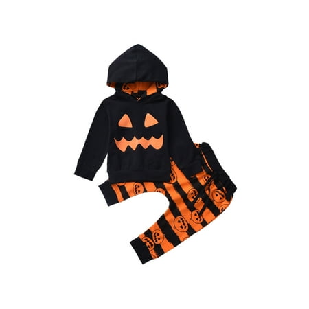 

TheFound Newborn Baby Boys Girls Halloween Outfits Hooded Sweatshirt Tops Pumpkin Stripe Pants Trackisuit Set