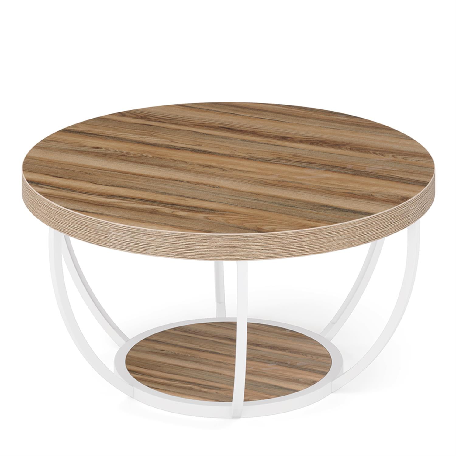 Demi Bonn Wooden Coffee Table, 2-Tier Round Central Cocktail Table with Shelves for Living Room, Brown