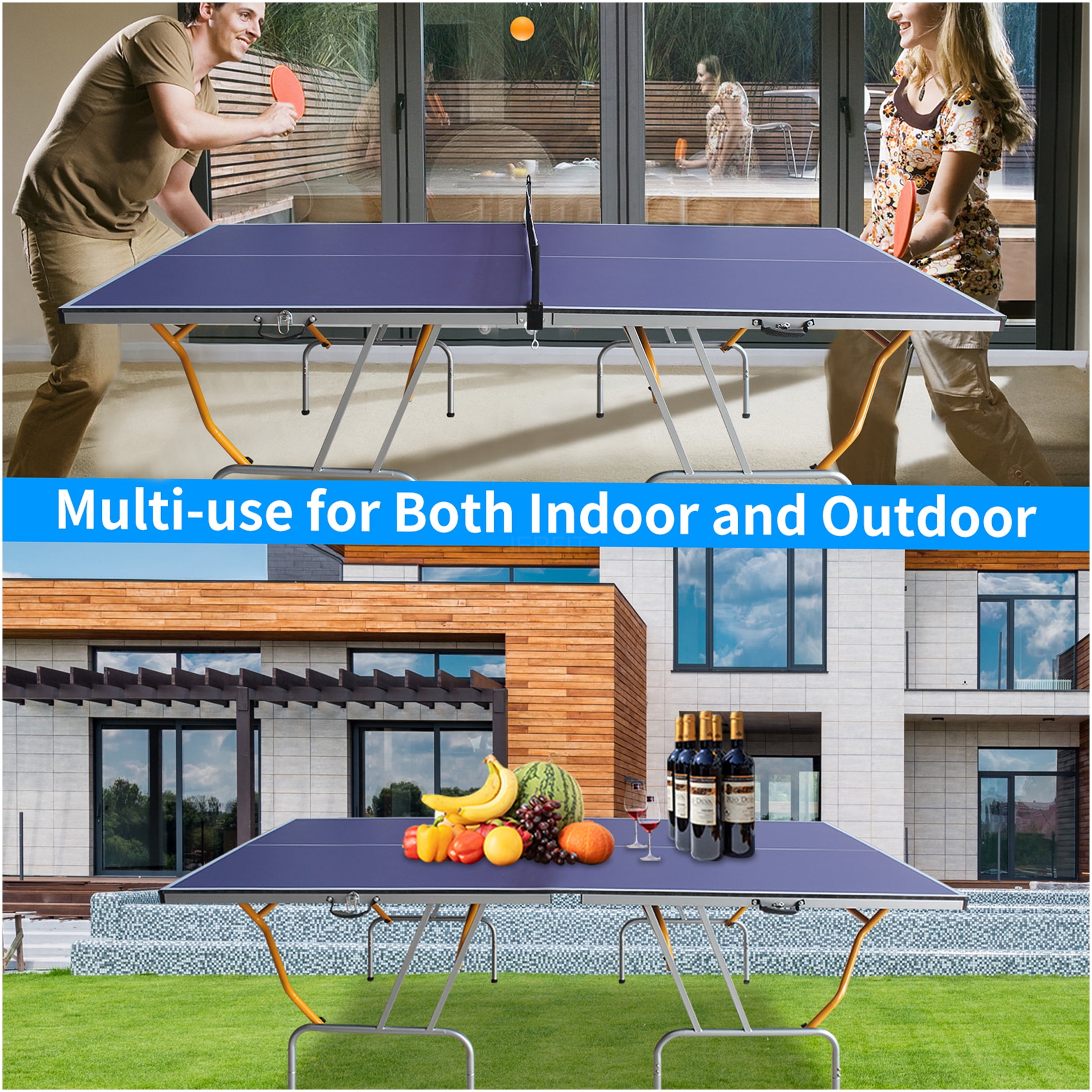 JERFIT 8ft Foldable Ping Pong Table Set with Net, Paddles & Balls, Portable MDF Surface Indoor Outdoor Game Table, Blue