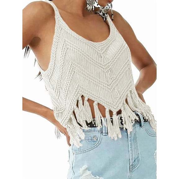 Women'S Fringe Camis Western Cowgirl Tassel Tank Tops Sleeveless V-Neck Crochet Top Spaghetti Straps Vest Cream White L