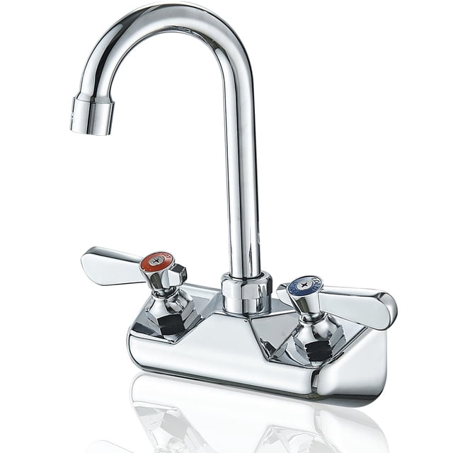 Bathfinesse - Grifo Para Fregadero De Cocina, Montaje En Pared, 4 Pulgadas, Centro, Comercial, Con Boquilla De Cuello De Cisne De 3-1/2 Pulgadas, Dos Manijas De Palanca, Grifo Mezclador De Latón, Crom