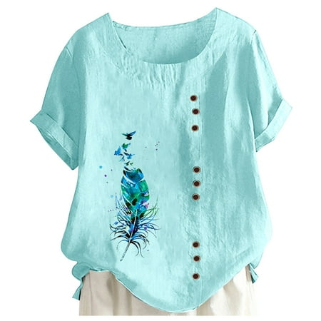 

Women s Printed Round Neck Raglan Sleeve Hem Slit Loose Short Sleeve Button Decoration Shirt Long Sleeve Scrub Tops Women plus Size Womens plus Size Mesh Top