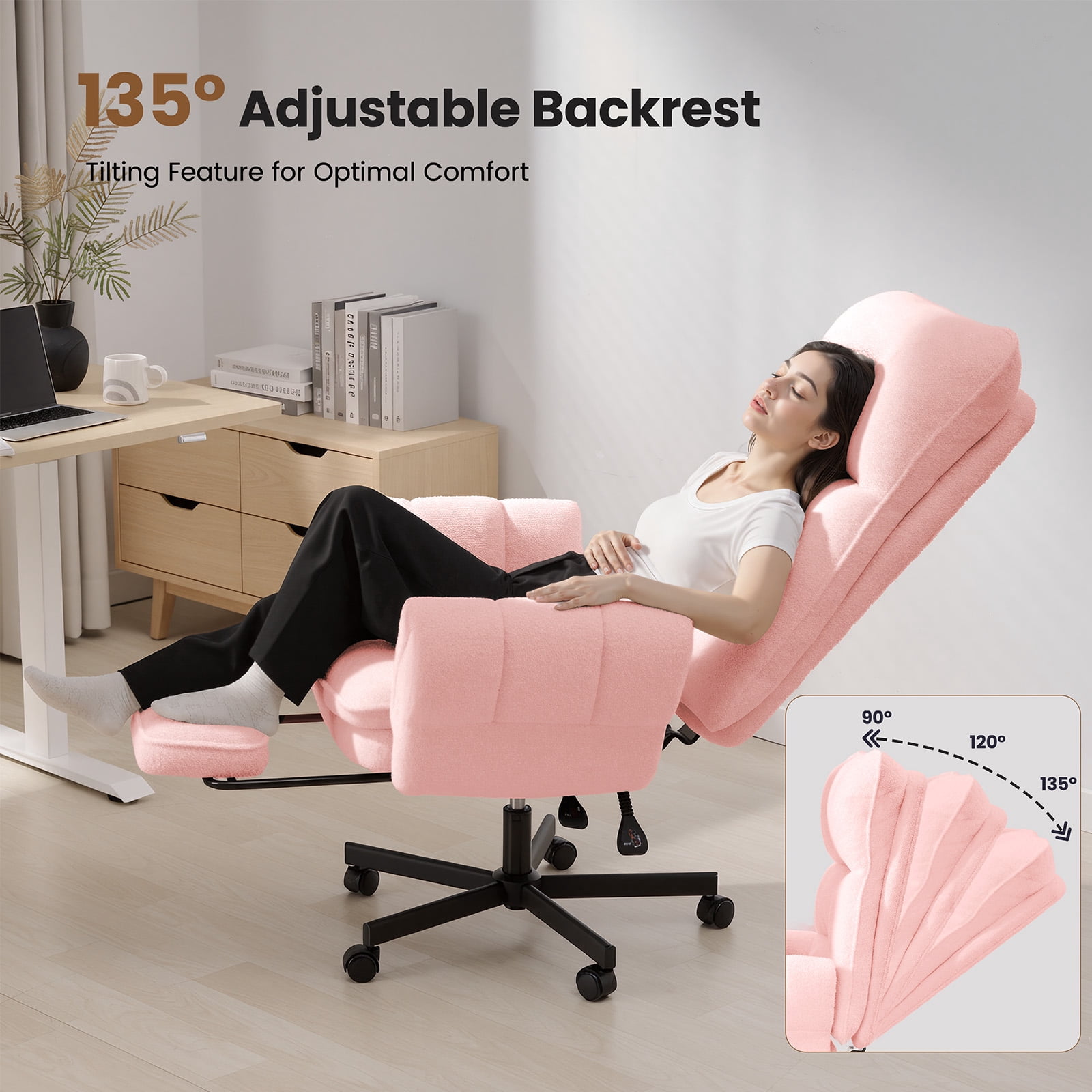 Big and Tall Office Chair, Cloud Teddy Plush Swivel Desk Chair with 6-Level Adjustable Armrests, Home Ergonomic Executive Office Chair, Pink