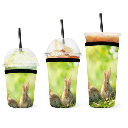 

Set of 3 Packs Reusable Hot And Iced Coffee Cup Sleeve Neoprene Tumbler Sleeve Cute Little Easter Bunnies on Green Grass(16 24 32oz)