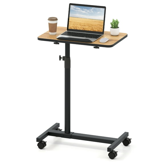 Giantex Adjustable Tilt Overbed Table, Medical Bedside Bed Table, Hospital Food Tray, Home Laptop Desk, Brown