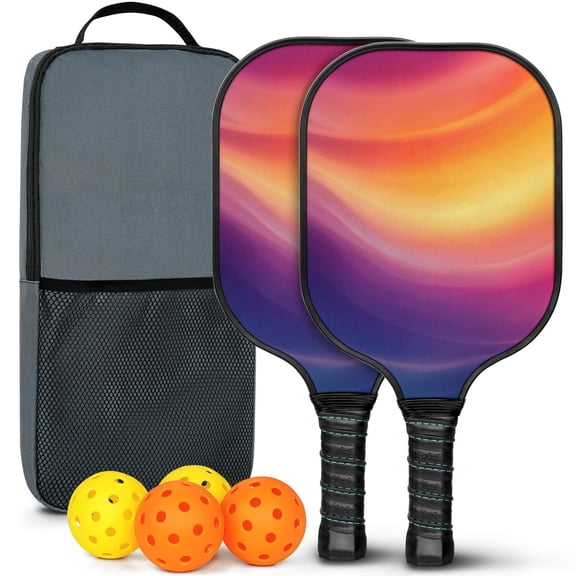 Pickleball Paddles Set Of 2, Fiberglass Surface, Fluid Smoke Aurora Art Style, 4 Balls & Bag