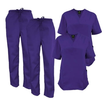 M&M SCRUBS Women Scrub Set V-Neck Medical Scrub Tops and Drawstring Pants - Pack of 2 Set (Purple, XX-Small)