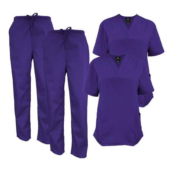 M&M SCRUBS Women Scrub Set V-Neck Medical Scrub Tops and Drawstring Pants - Pack of 2 Set (Purple, XX-Small)