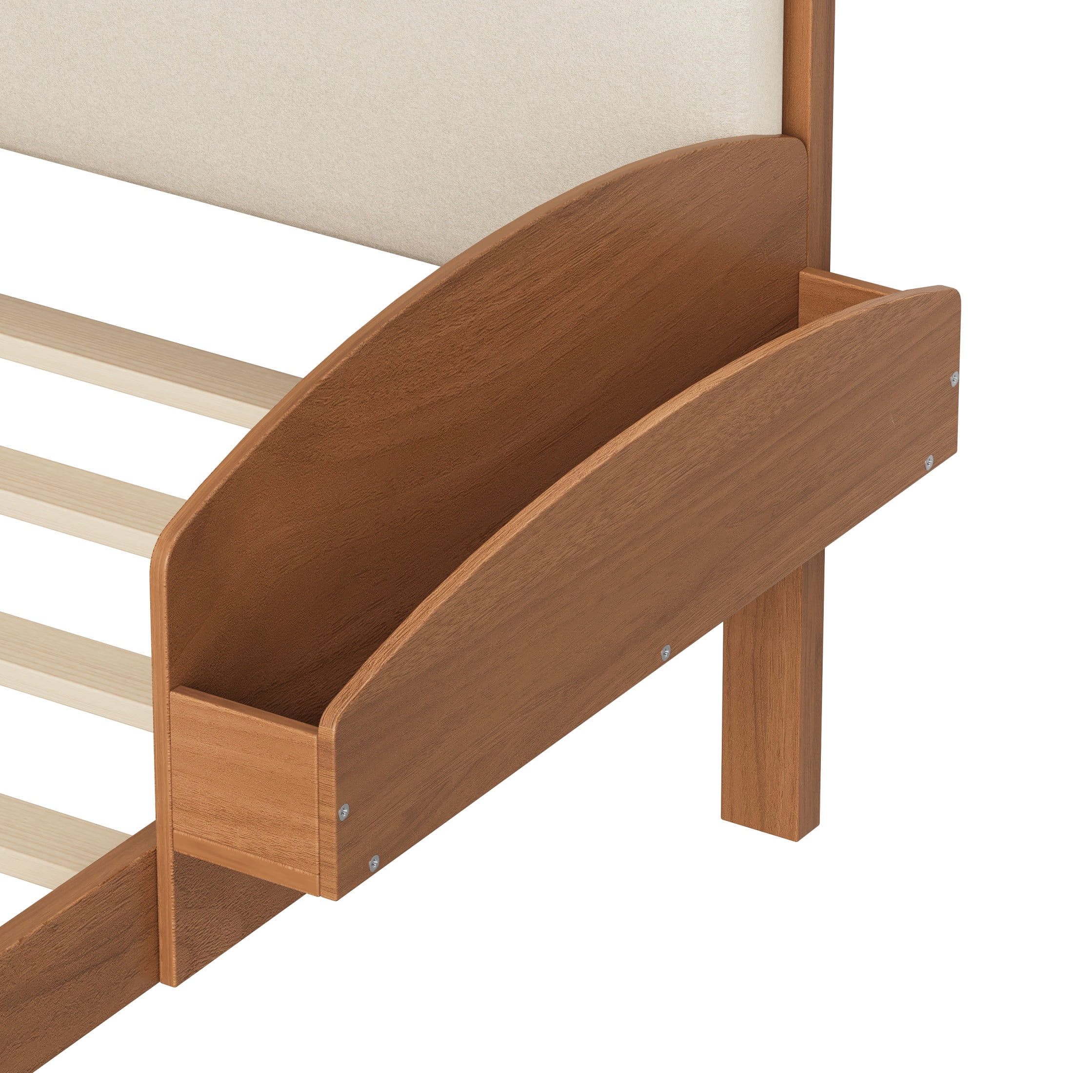 Noble House Twin Size Platform Bed with Curved Padded Headboard, Side Storage Shelves, Light Walnut