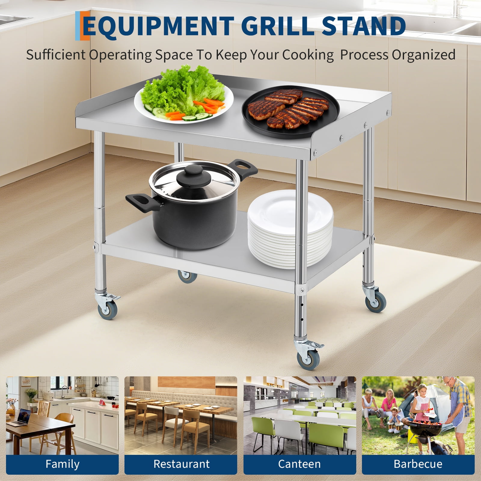 Ataujin Heavy-Duty Stainless Steel Table on Wheels with Removable backsplash. Commercial Food Prep Worktable, A Versatile NSF Commercial-Grade cart for Food Service, Restaurant & Bar