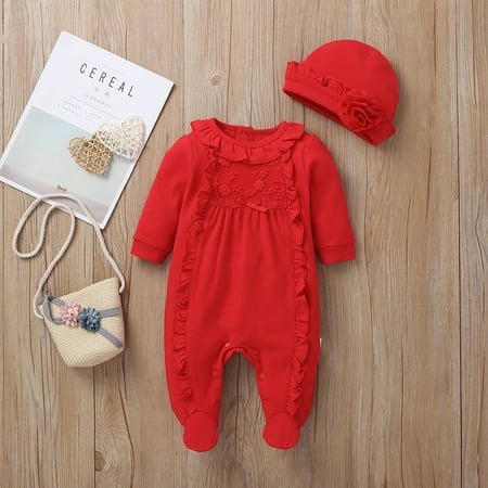 

Christening Newborn Baby Girl Clothes 3D Flower Romper Jumpsuit Bodysuit Hat Outfit Set 2PCS