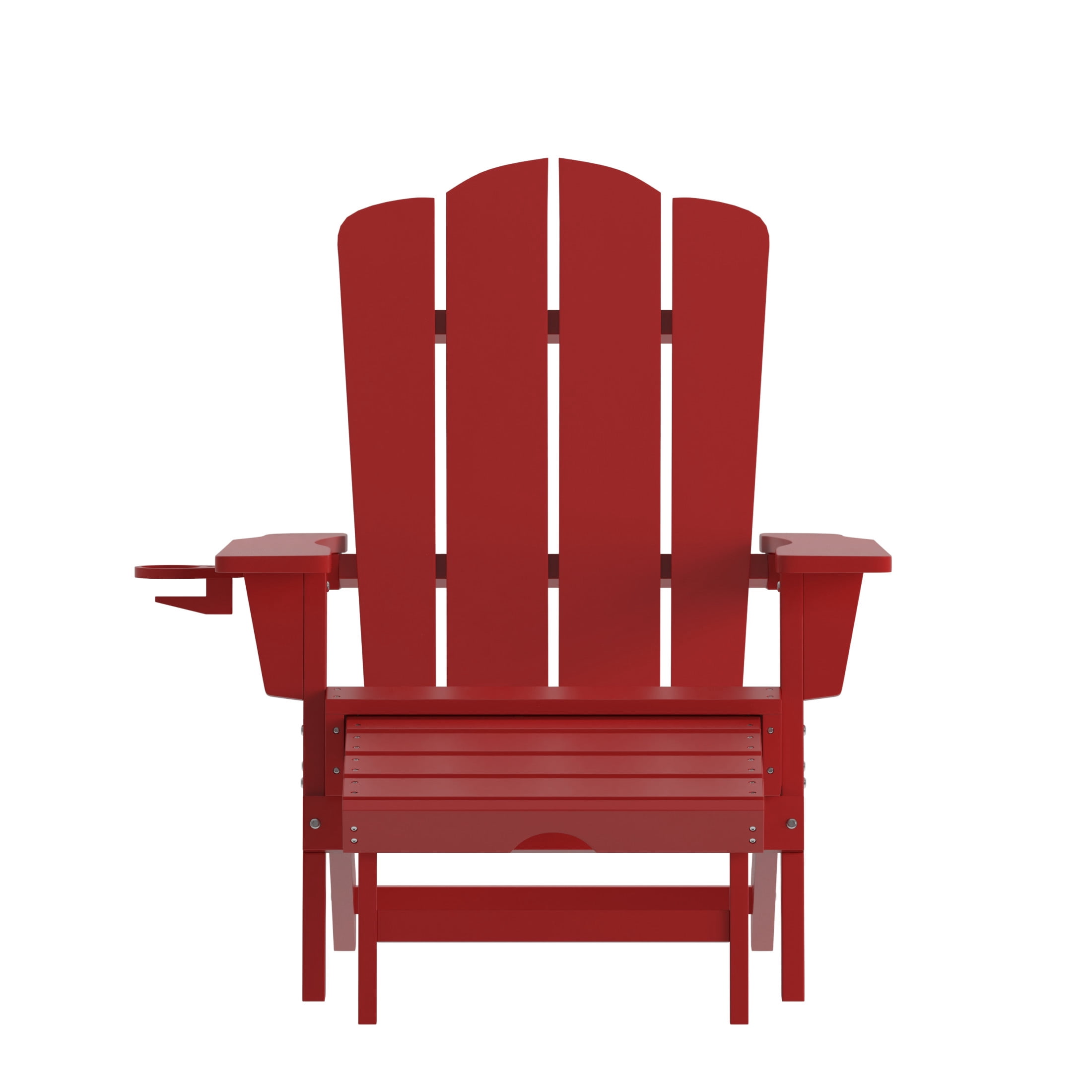 BizChair HDPE Adirondack Chair with Cup Holder and Pull Out Ottoman, All-Weather HDPE Indoor/Outdoor Lounge Chair in Red, Set of 2