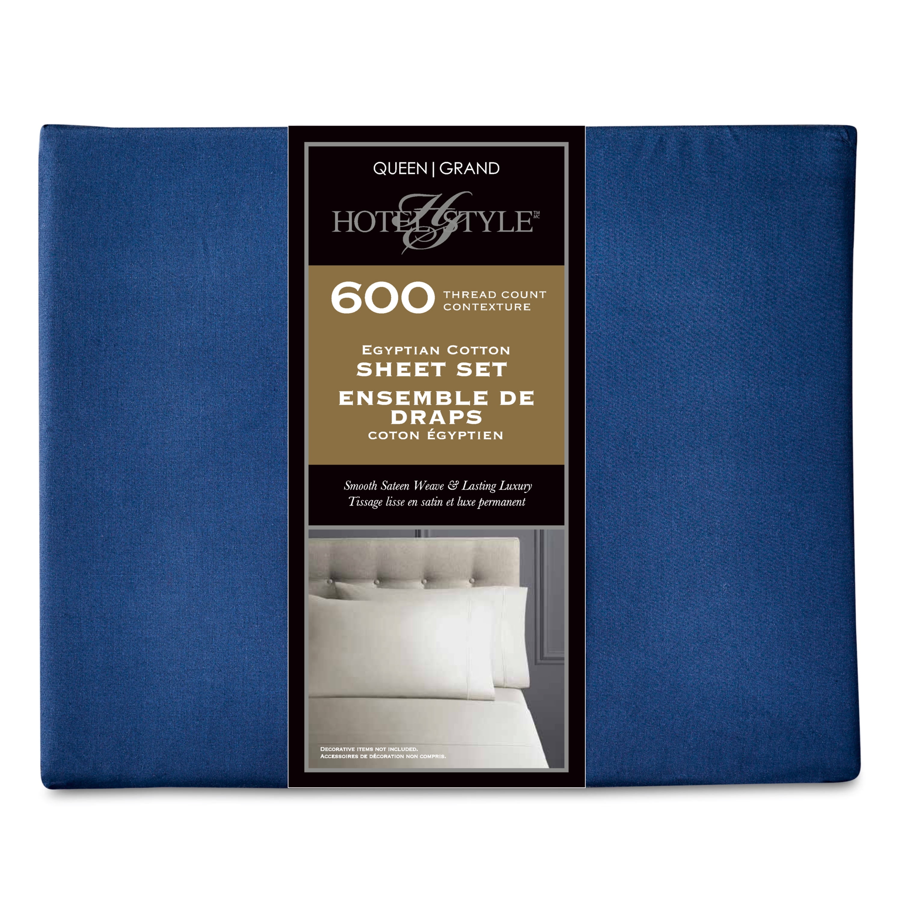 Hotel Style 4-Piece 600 Thread Count Navy Egyptian Cotton Adult Bed Sheet Set, Queen - Deep Pocket, Queen Sheet Set