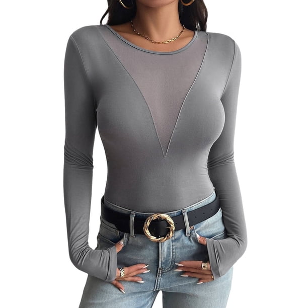 Camisas Ajustadas de Larga de con Cuello en V Profundo para Mujer, Moda Y2K 2025 Gris Oscuro S