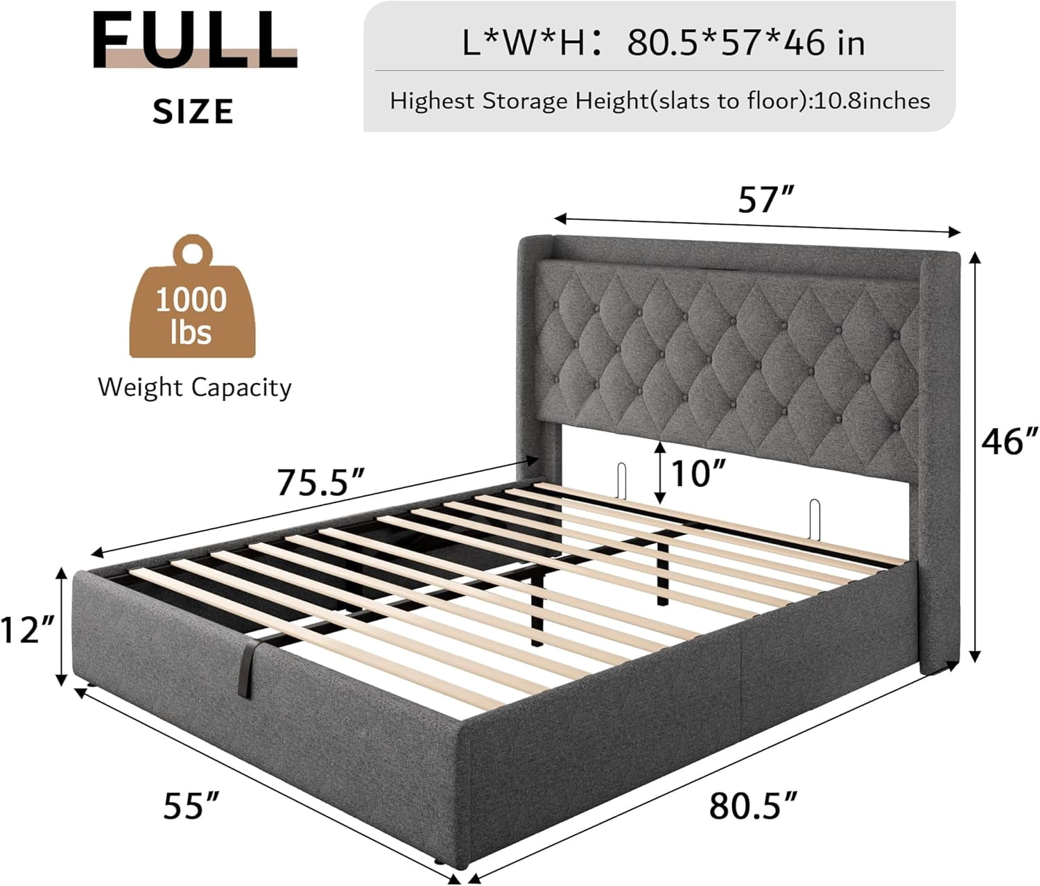 iPormis Full Size Bed Frame with Lift Up Storage & Charging Station, Button Tufted Wingback Upholstered Headboard, Wooden Slats Support, Light Gray