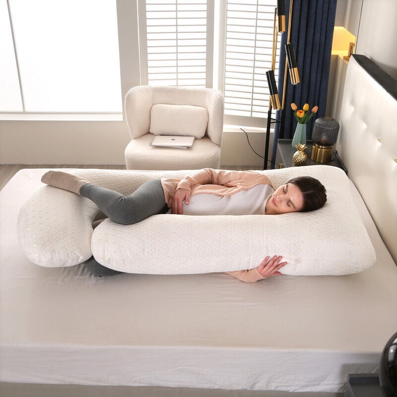 TOPCHANCES Pregnancy Pillow, J-Shape Full Body Maternity Pillow for Side Sleeping with Removable Cover, 27 * 57inch, Light Gold