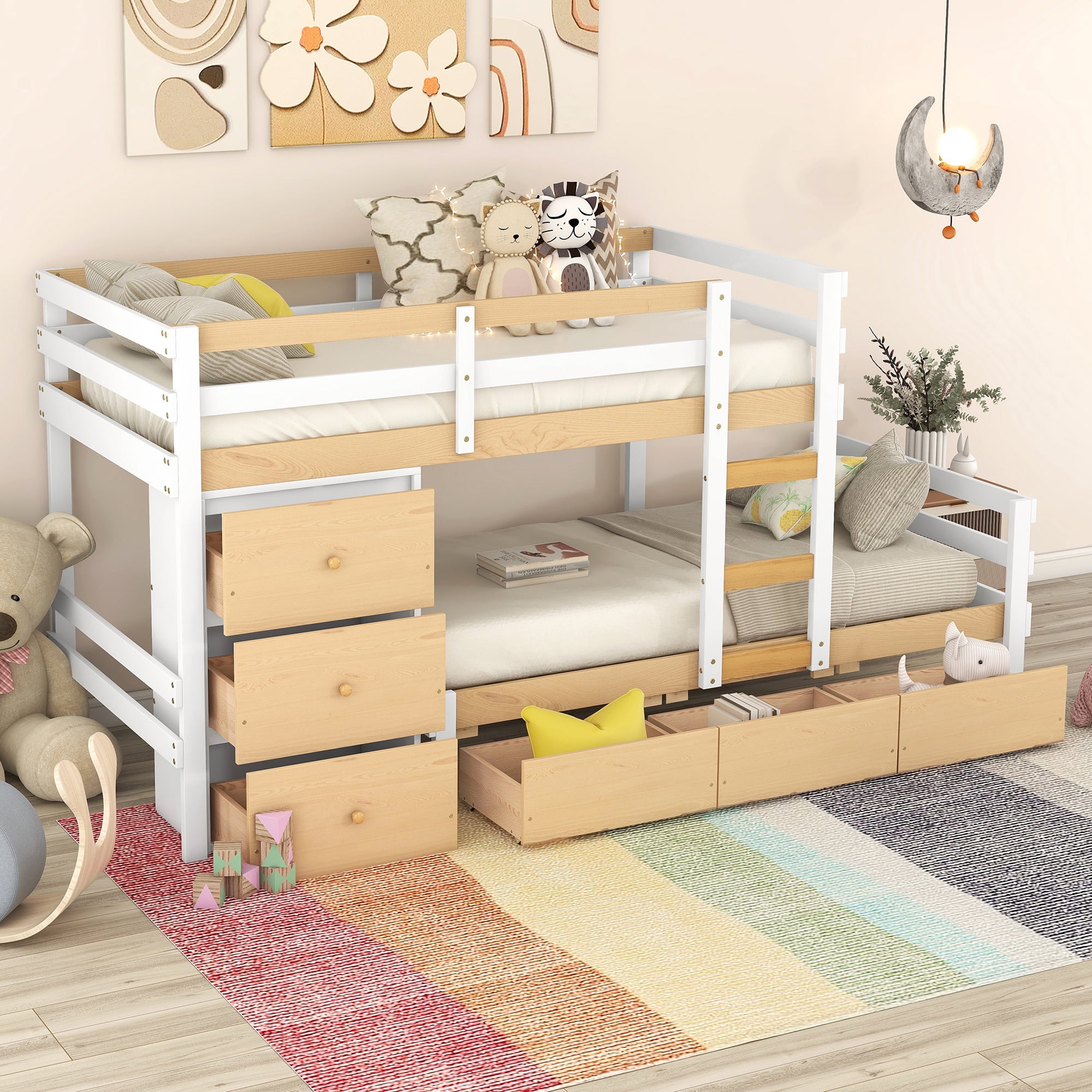 Euroco Wood Twin over Twin Bunk Bed with 6 Drawers, Natural