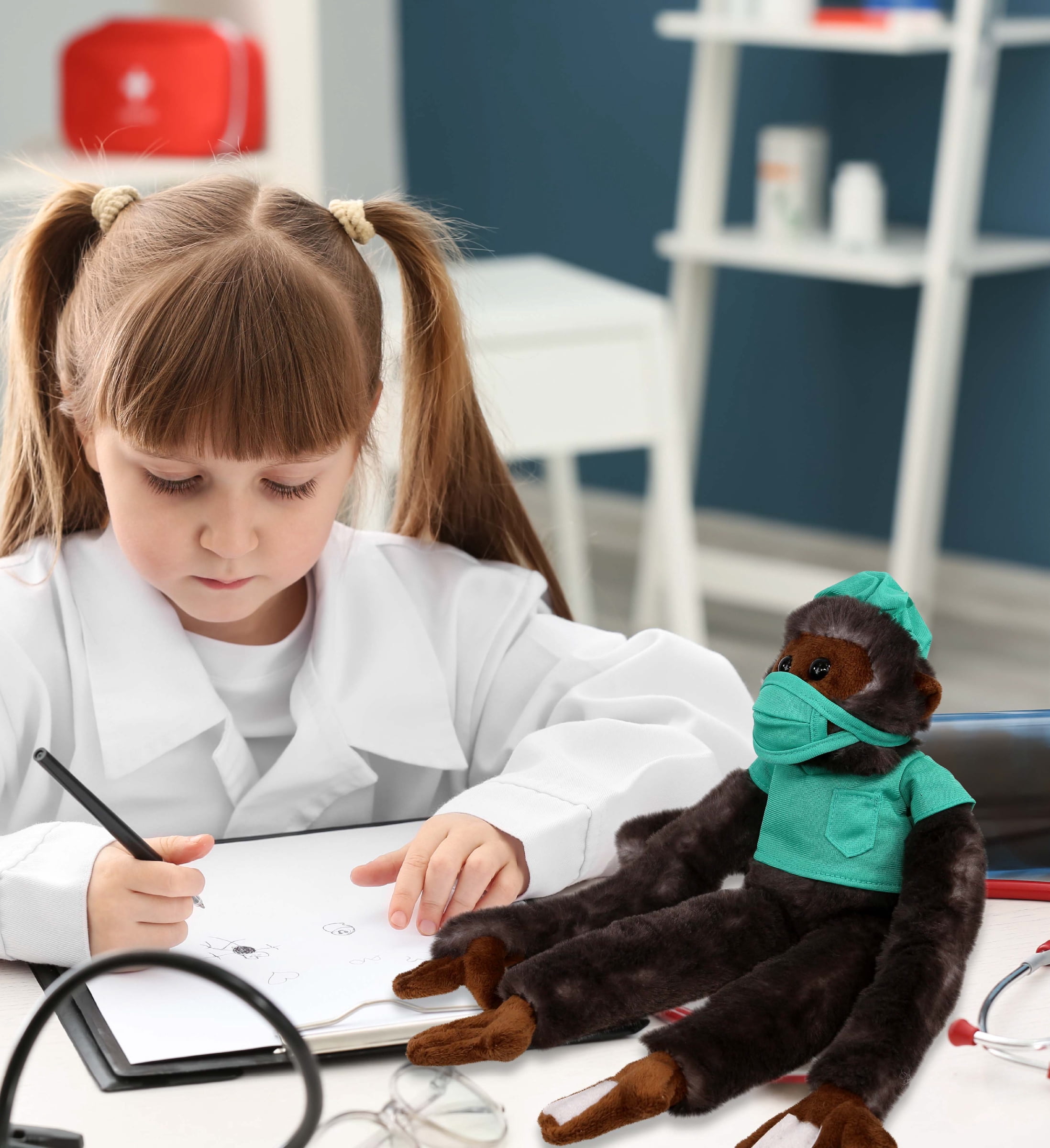 DolliBu Black Capuchin Monkey Doctor Plush Toy - Super Soft Monkey Doctor Stuffed Animal Dress Up with Cute Scrub Uniform and Cap Outfit - Fluffy Doctor Toy Plush Gift - 21 Inch