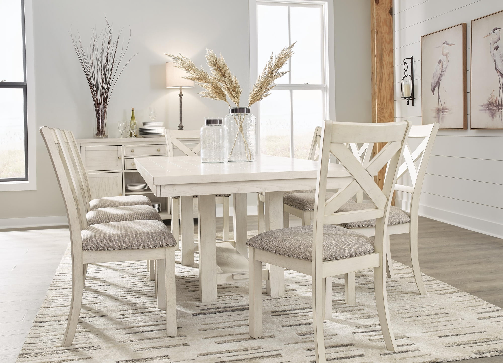 Signature Design by Ashley Robbinsdale Upholstered Dining Side Chair Set (2), Antique White, Farmhouse X-Back Chairs with Nailhead Trim