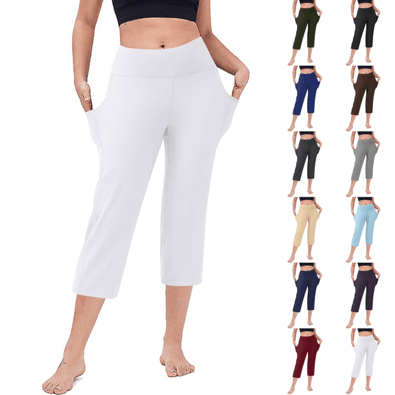 Petite Capris for Women with Pockets Below Knee Pull on Athletic Yoga Capri Leggings High Waist Straight Leg Exercise Workout Summer Crop Pants White S