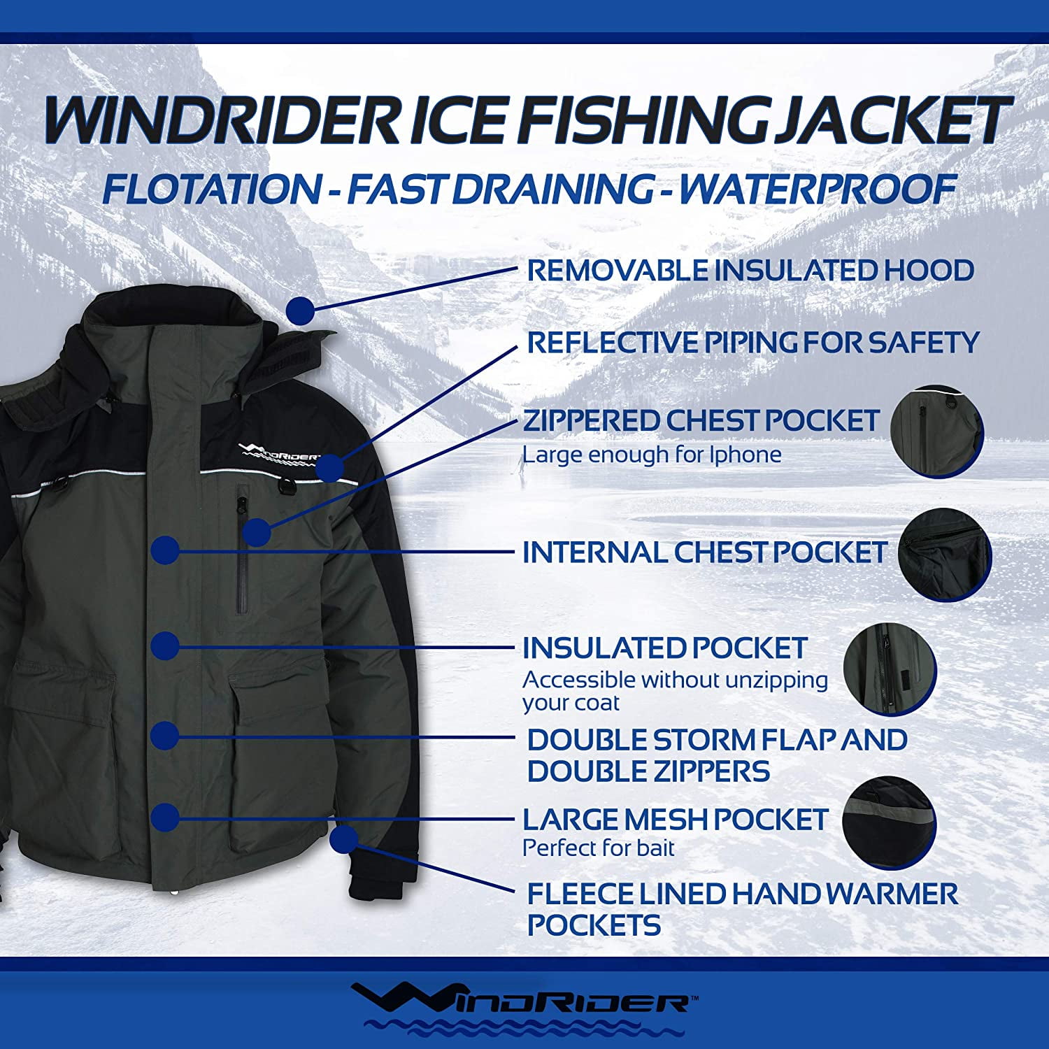 WindRider Ice Fishing Suit | Insulated Bibs and Jacket | Flotation | Tons  of Pockets | Adjustable Inseam | Reflective Piping | Waterproof Gear for  Ice